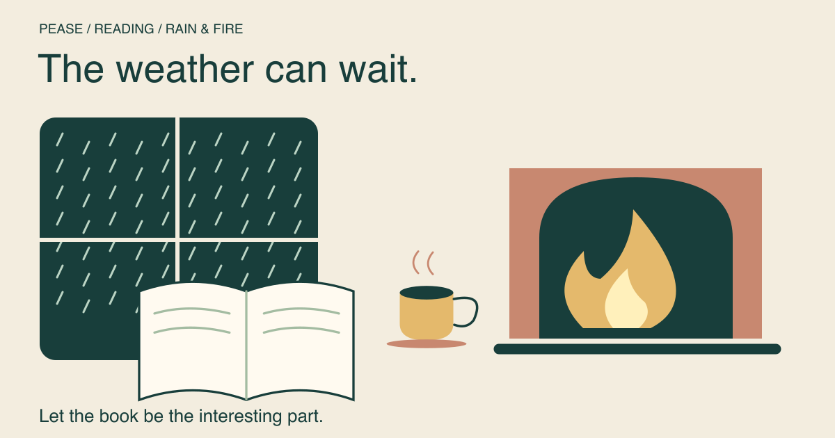 An open book beside a glowing fireplace and a window with rain outside.