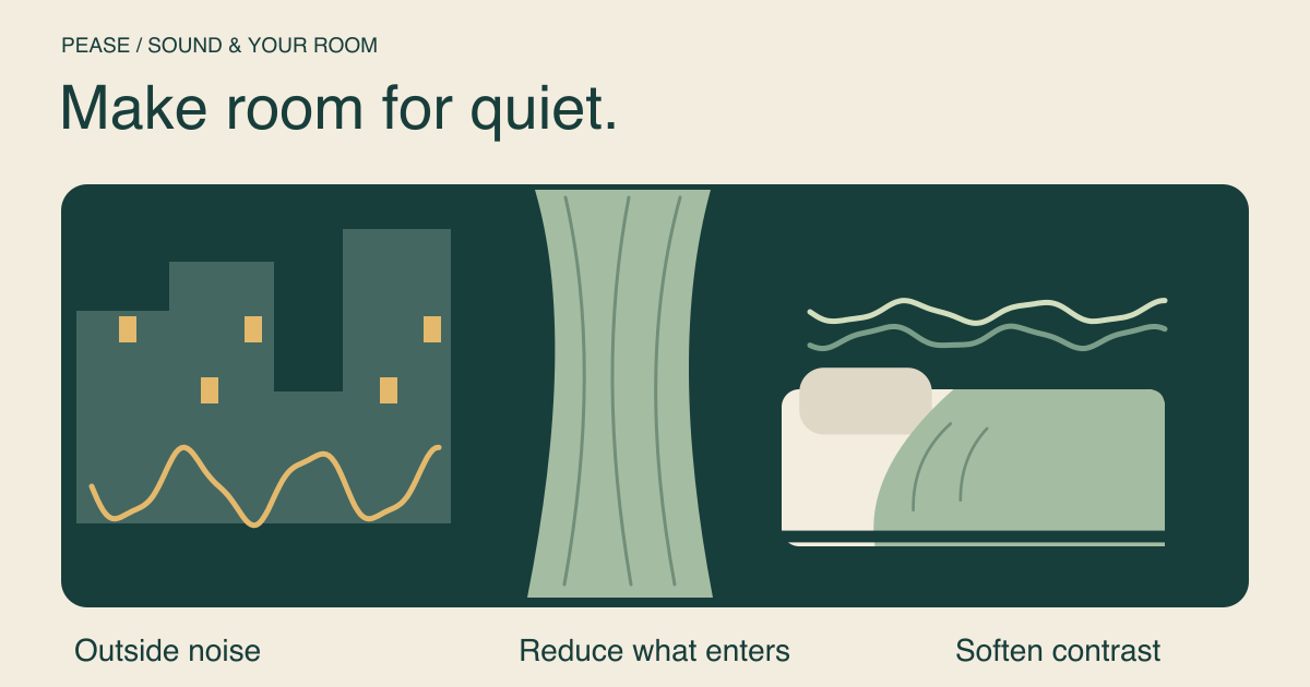 A noisy city outside a bedroom, a curtain between the spaces, and gentle sound waves above the bed.